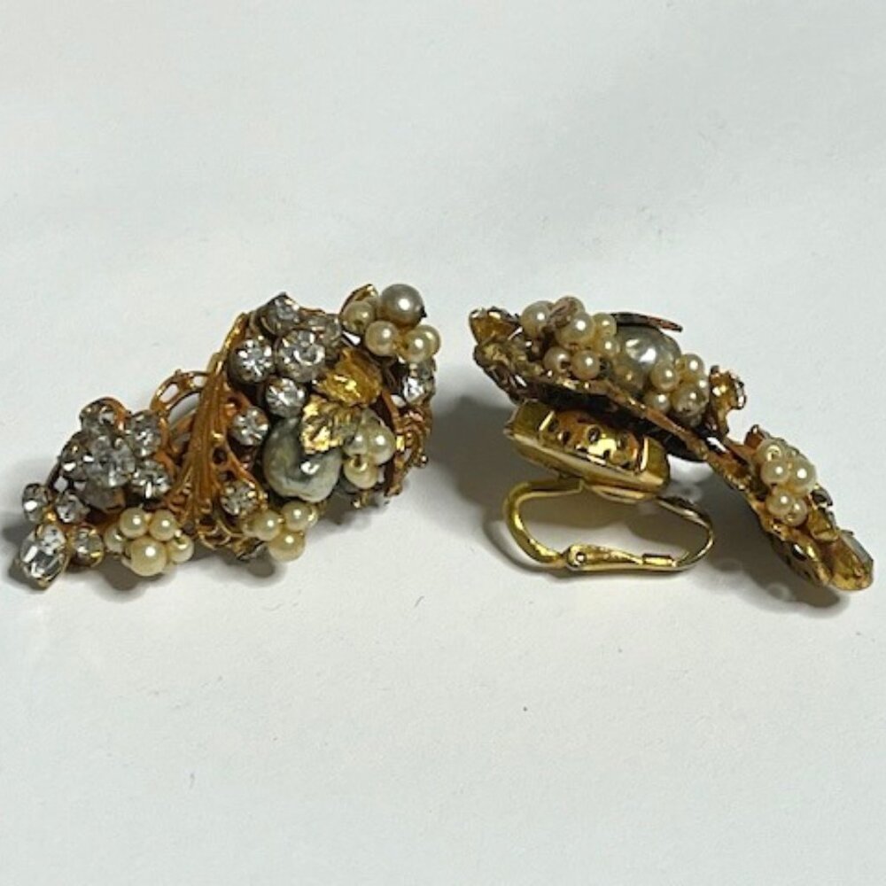 VTG Original by Robert Rhinestone Pearl Gold Tone Leaf Clusters Earrings Clip On